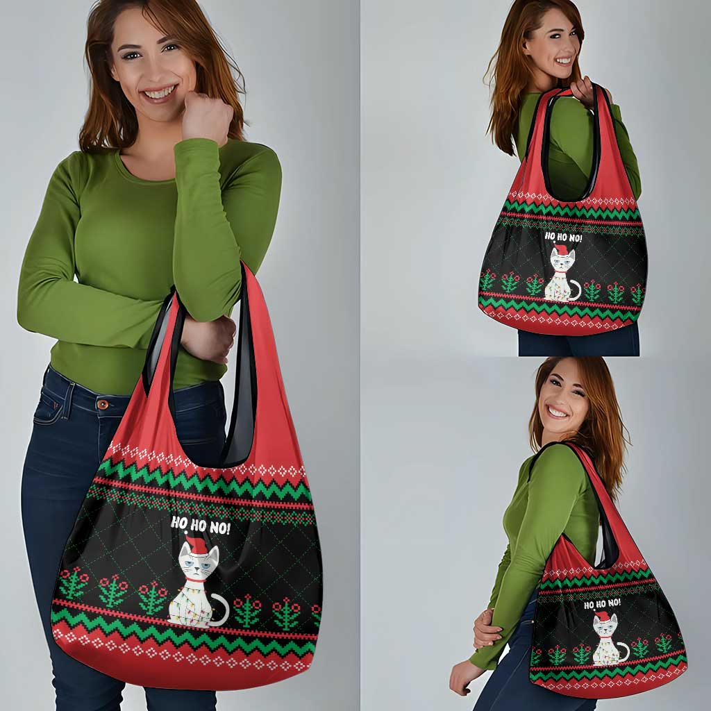 Christmas Cat Grocery Bag with Grumpy Cat in Santa Hat Holiday Lights - Wonder Print Shop