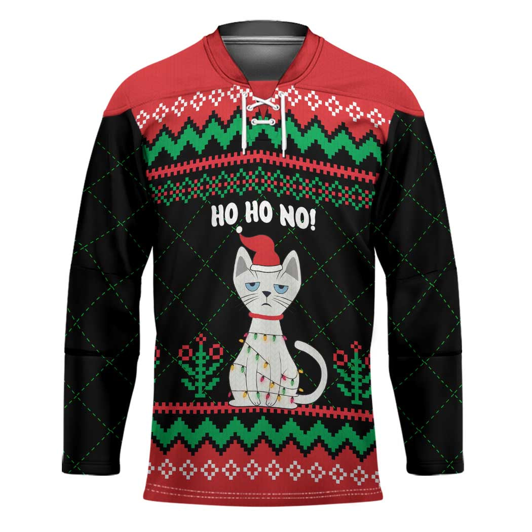 Christmas Cat Hockey Jersey with Grumpy Cat in Santa Hat Holiday Lights - Wonder Print Shop
