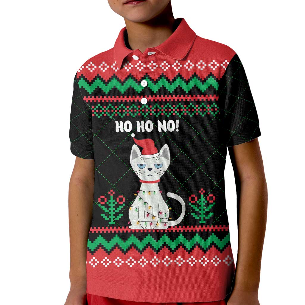 Christmas Cat Kid Polo Shirt with Grumpy Cat in Santa Hat Holiday Lights - Wonder Print Shop
