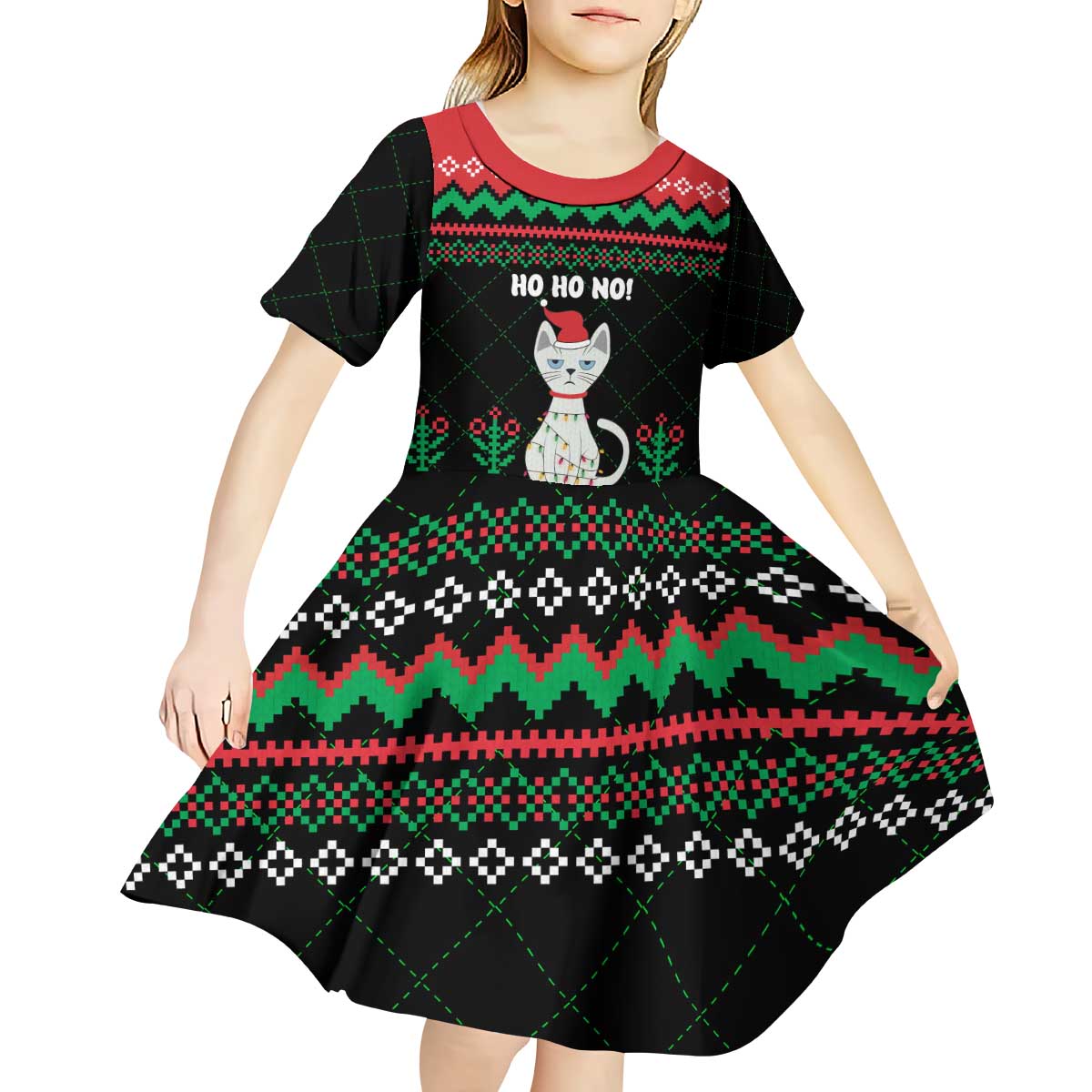 Christmas Cat Kid Short Sleeve Dress with Grumpy Cat in Santa Hat Holiday Lights - Wonder Print Shop