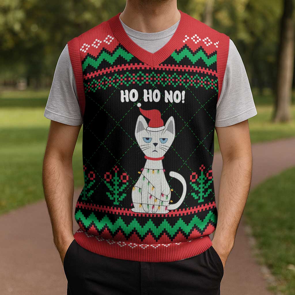 Christmas Cat Christmas Knitted V-Neck Vest with Grumpy Cat in Santa Hat Holiday Lights - Wonder Print Shop