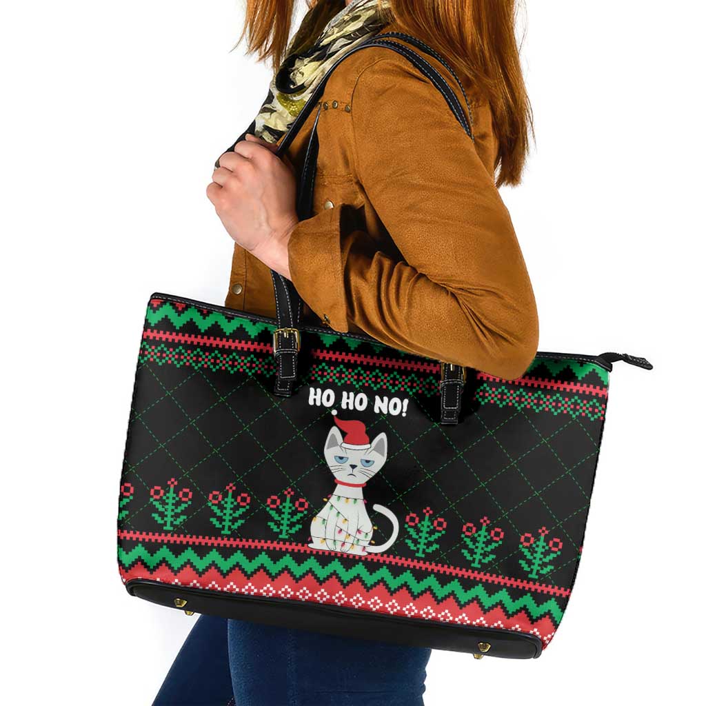 Christmas Cat Leather Tote Bag with Grumpy Cat in Santa Hat Holiday Lights - Wonder Print Shop