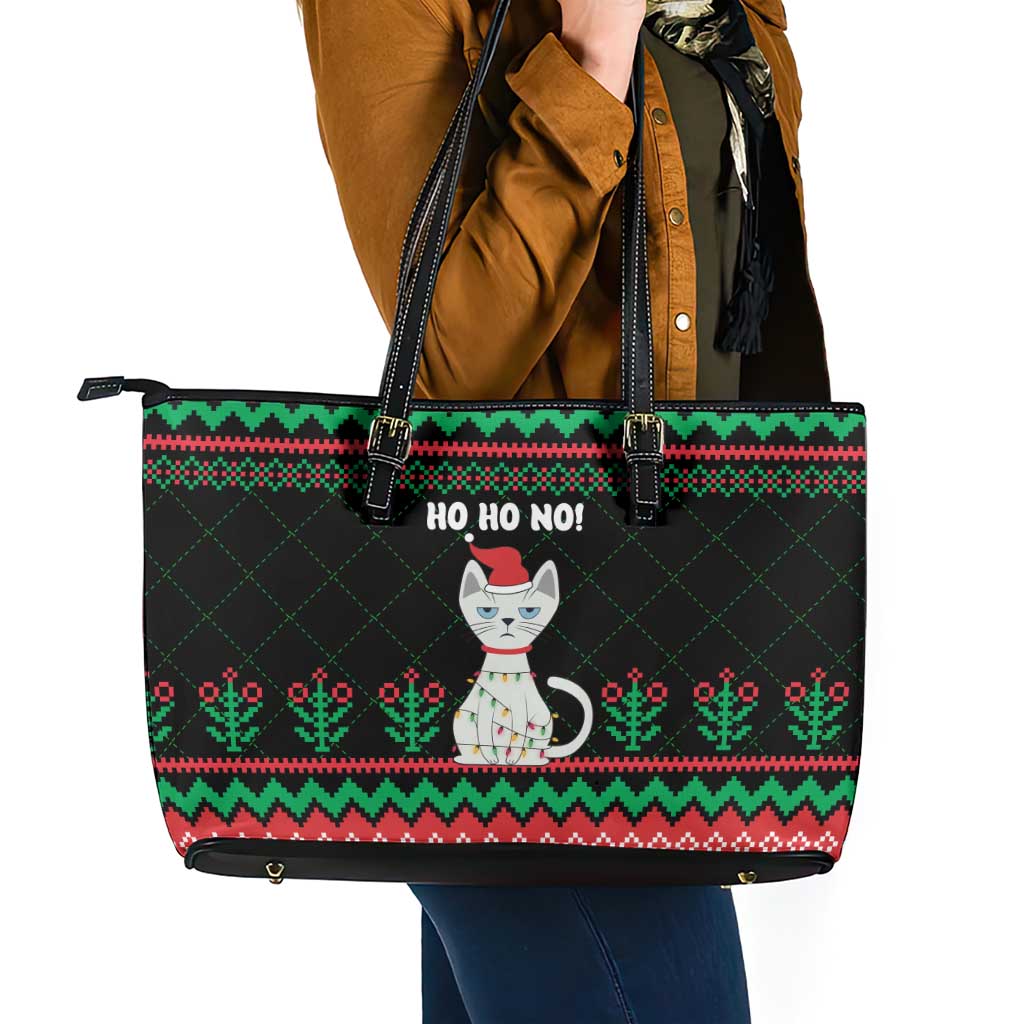 Christmas Cat Leather Tote Bag with Grumpy Cat in Santa Hat Holiday Lights - Wonder Print Shop