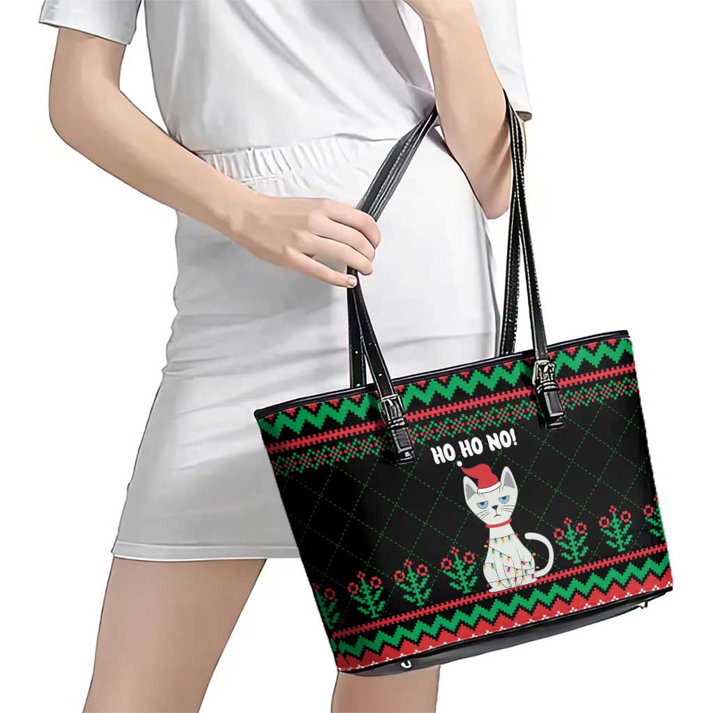 Christmas Cat Leather Tote Bag with Grumpy Cat in Santa Hat Holiday Lights - Wonder Print Shop