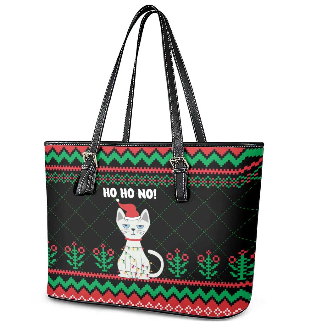 Christmas Cat Leather Tote Bag with Grumpy Cat in Santa Hat Holiday Lights - Wonder Print Shop