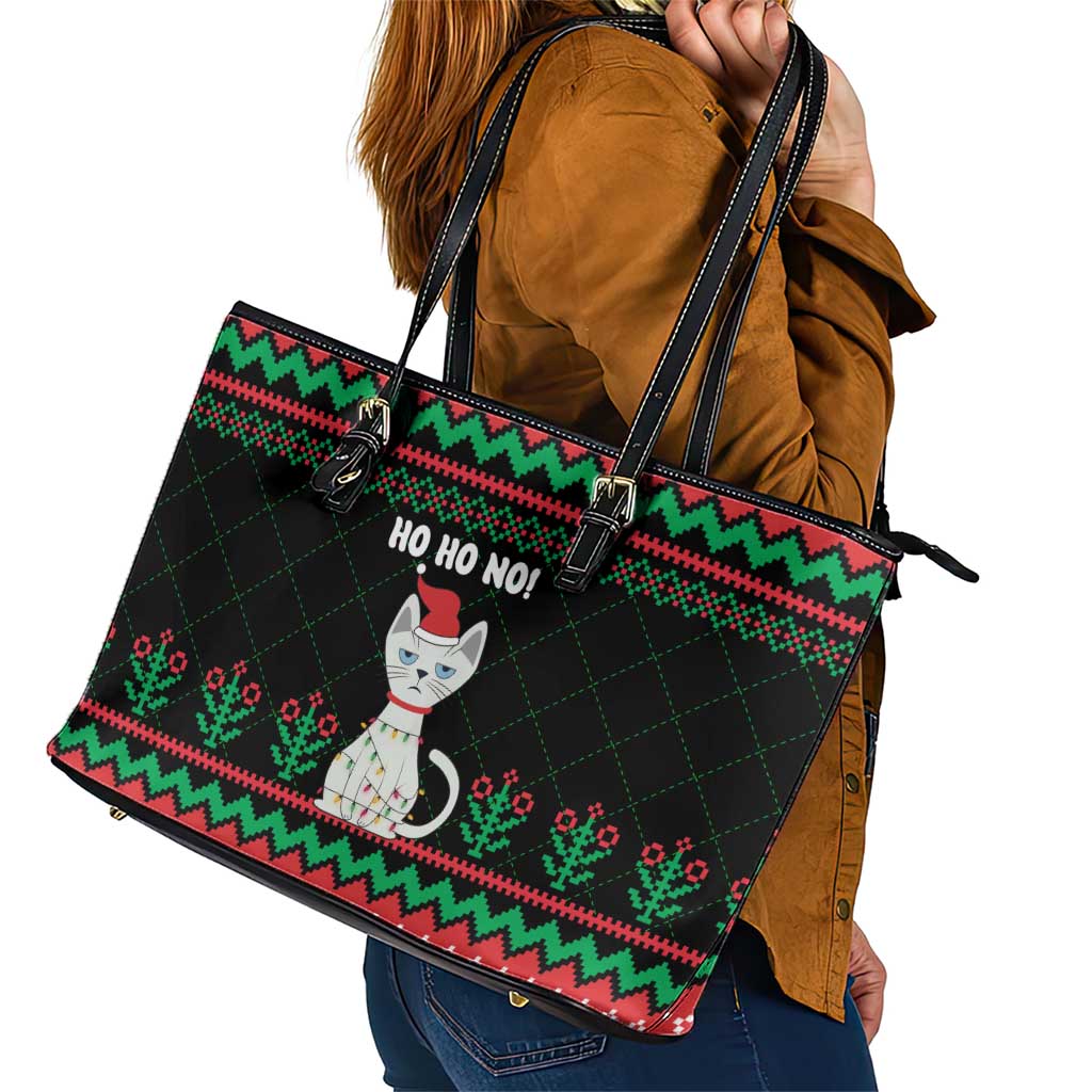 Christmas Cat Leather Tote Bag with Grumpy Cat in Santa Hat Holiday Lights - Wonder Print Shop
