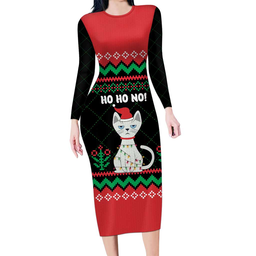 Christmas Cat Long Sleeve Bodycon Dress with Grumpy Cat in Santa Hat Holiday Lights - Wonder Print Shop