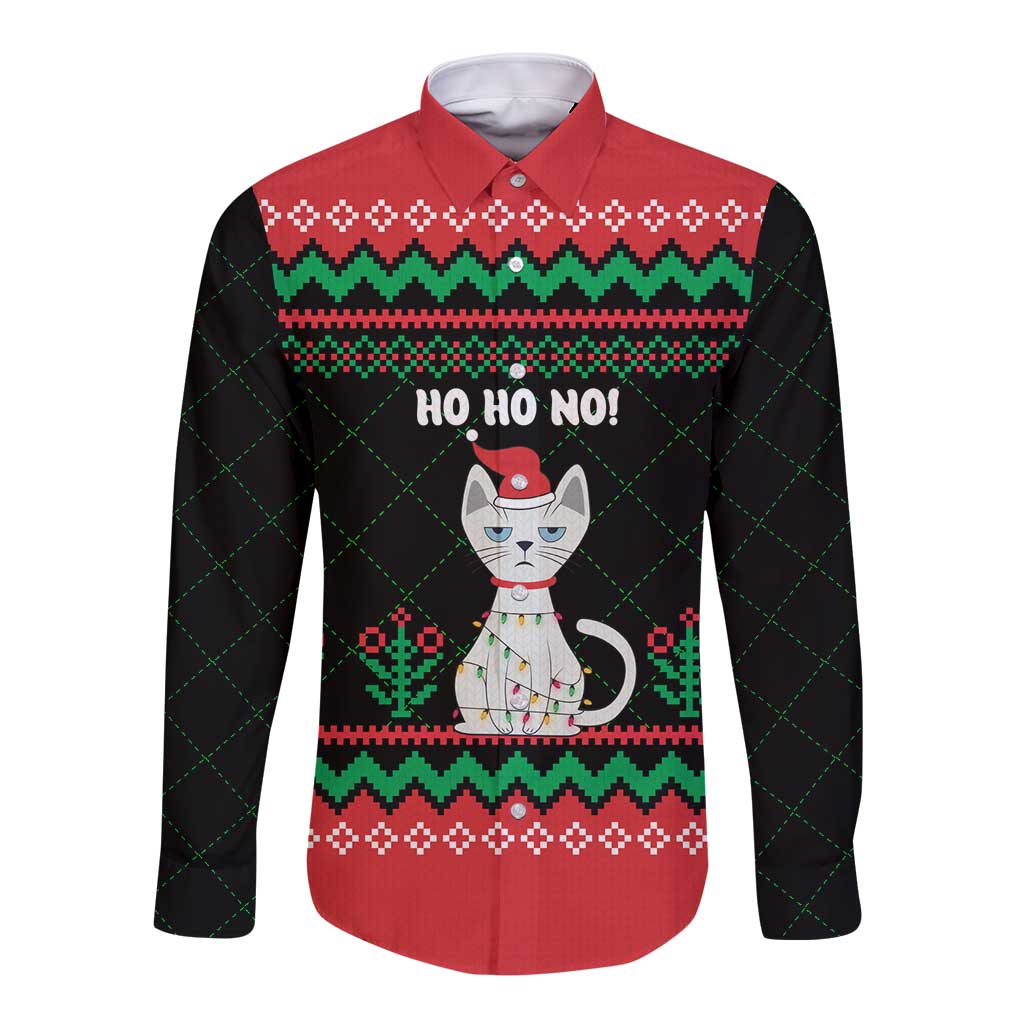 Christmas Cat Long Sleeve Button Shirt with Grumpy Cat in Santa Hat Holiday Lights - Wonder Print Shop