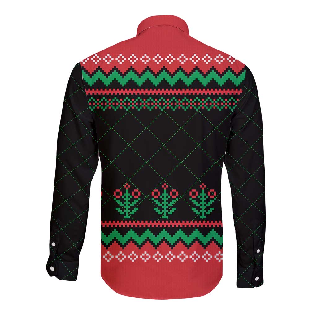 Christmas Cat Long Sleeve Button Shirt with Grumpy Cat in Santa Hat Holiday Lights - Wonder Print Shop