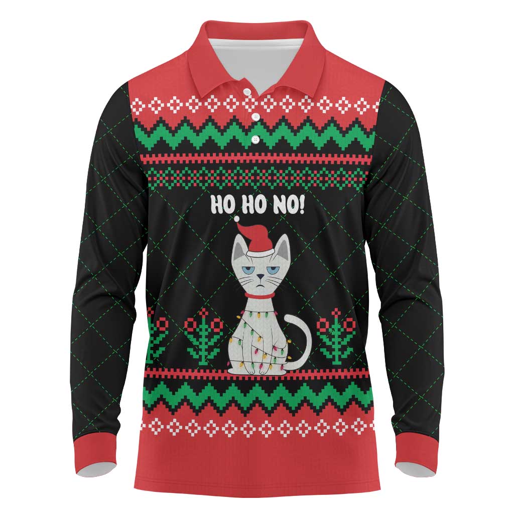 Christmas Cat Long Sleeve Polo Shirt with Grumpy Cat in Santa Hat Holiday Lights - Wonder Print Shop