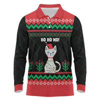 Christmas Cat Long Sleeve Polo Shirt with Grumpy Cat in Santa Hat Holiday Lights - Wonder Print Shop