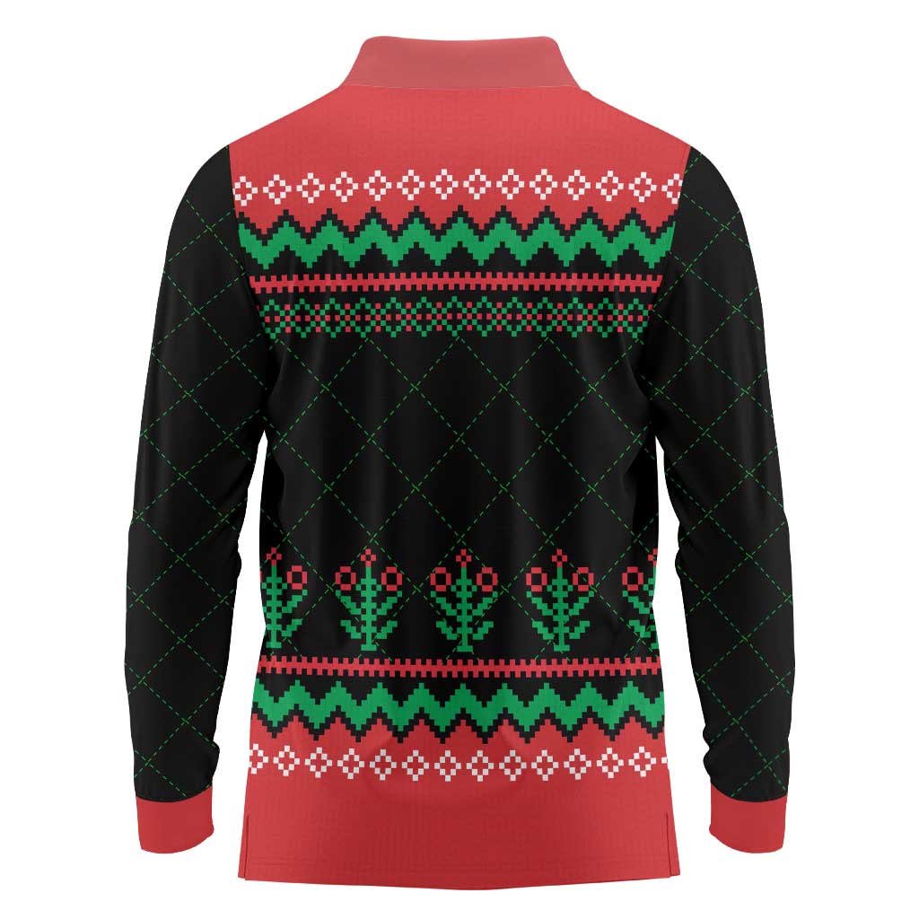 Christmas Cat Long Sleeve Polo Shirt with Grumpy Cat in Santa Hat Holiday Lights - Wonder Print Shop