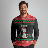 Christmas Cat Long Sleeve Polo Shirt with Grumpy Cat in Santa Hat Holiday Lights - Wonder Print Shop
