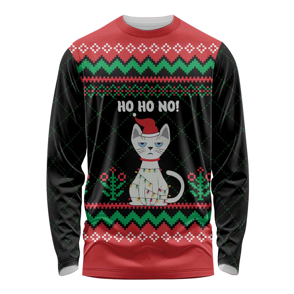Christmas Cat Long Sleeve Shirt with Grumpy Cat in Santa Hat Holiday Lights - Wonder Print Shop