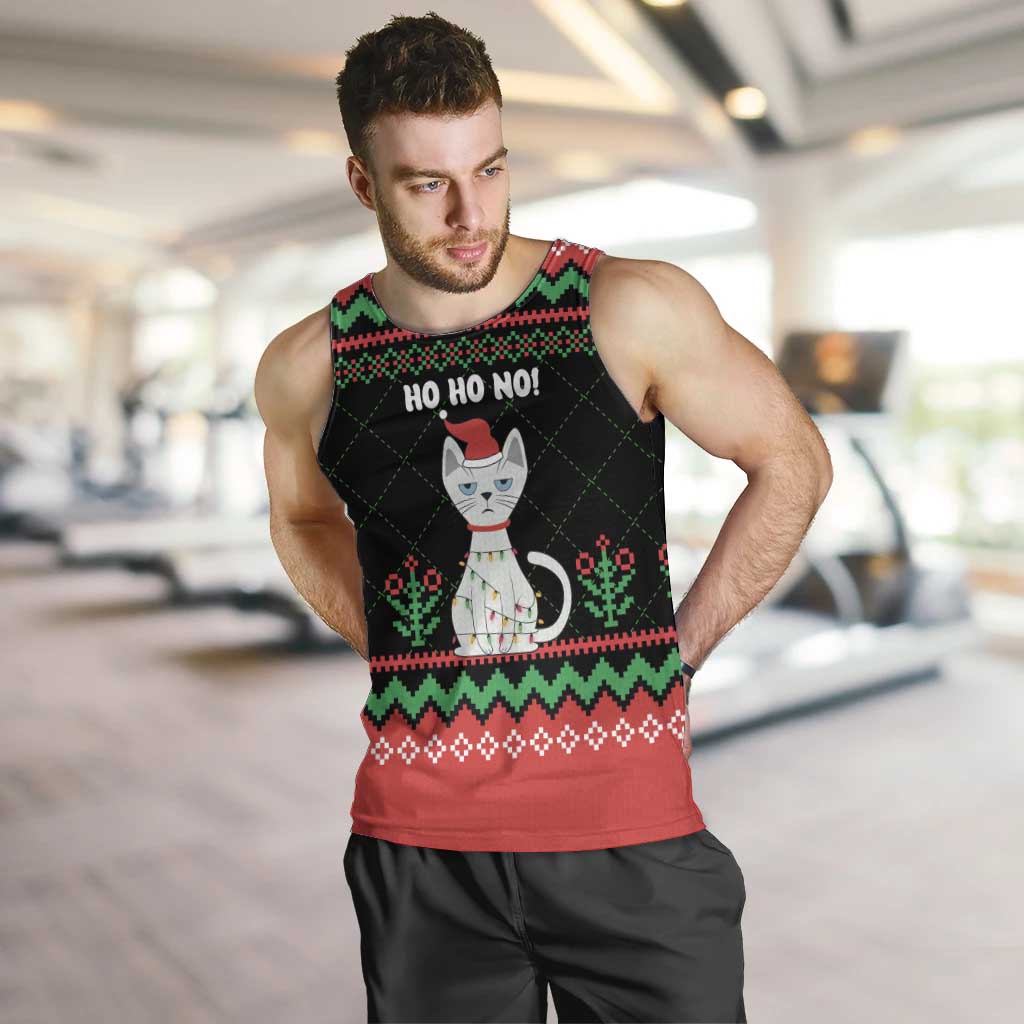 Christmas Cat Men Tank Top with Grumpy Cat in Santa Hat Holiday Lights - Wonder Print Shop