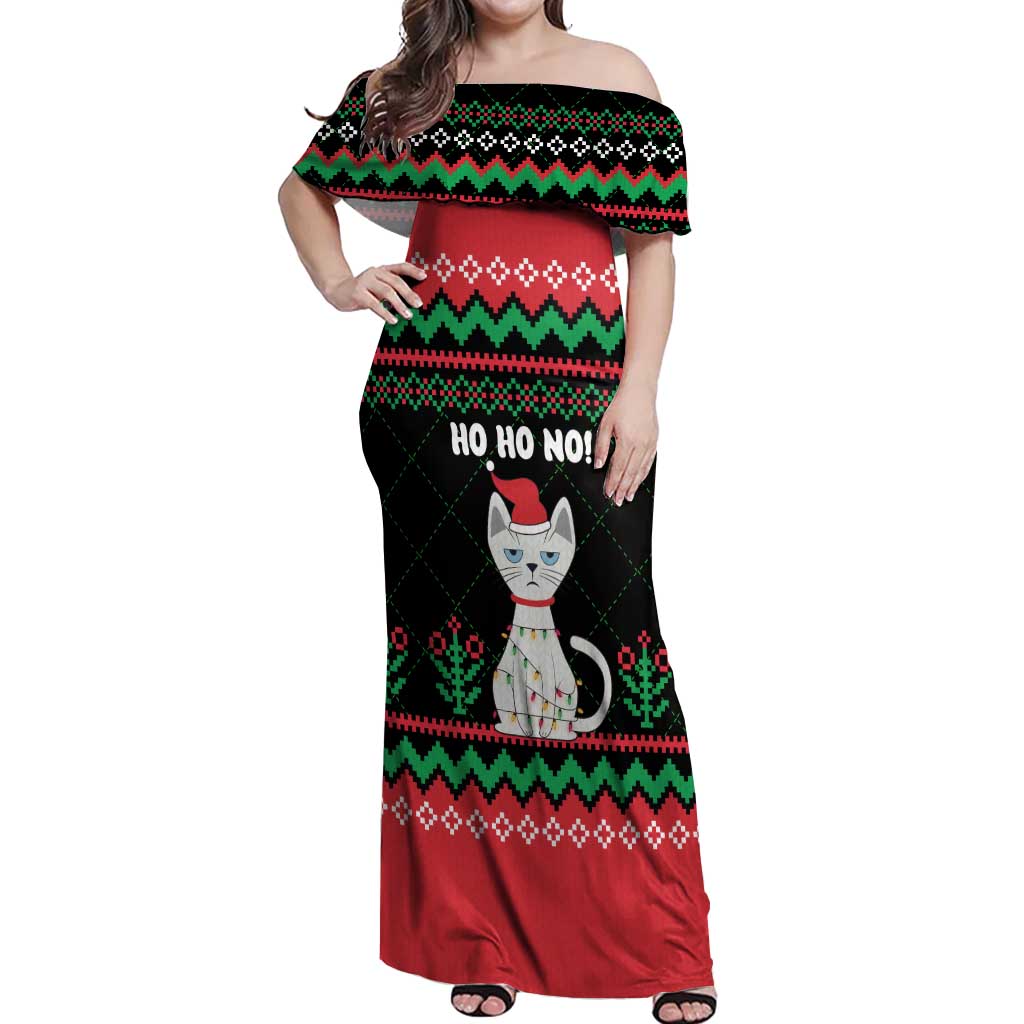 Christmas Cat Off Shoulder Maxi Dress with Grumpy Cat in Santa Hat Holiday Lights - Wonder Print Shop