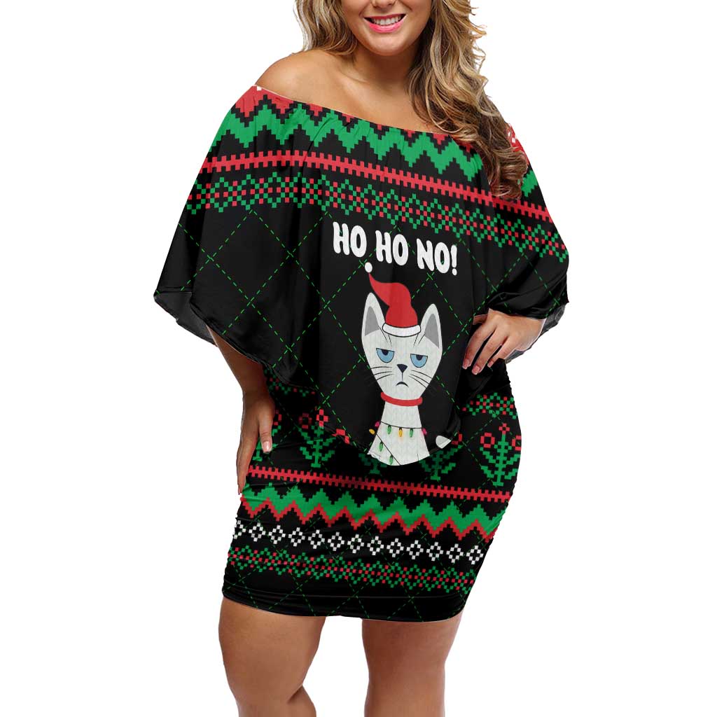 Christmas Cat Off Shoulder Short Dress with Grumpy Cat in Santa Hat Holiday Lights - Wonder Print Shop