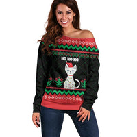 Christmas Cat Off Shoulder Sweater with Grumpy Cat in Santa Hat Holiday Lights - Wonder Print Shop