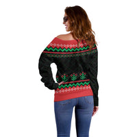 Christmas Cat Off Shoulder Sweater with Grumpy Cat in Santa Hat Holiday Lights - Wonder Print Shop
