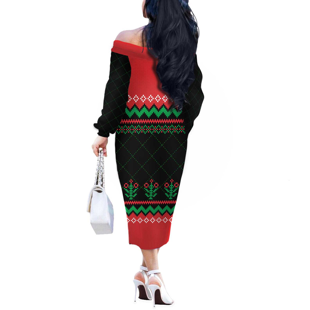 Christmas Cat Off The Shoulder Long Sleeve Dress with Grumpy Cat in Santa Hat Holiday Lights - Wonder Print Shop