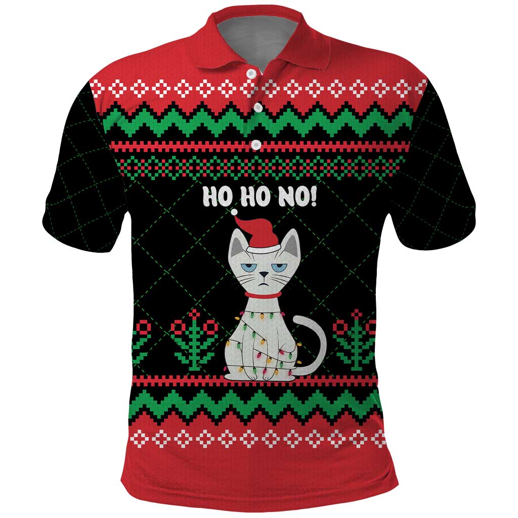 Christmas Cat Polo Shirt with Grumpy Cat in Santa Hat Holiday Lights - Wonder Print Shop
