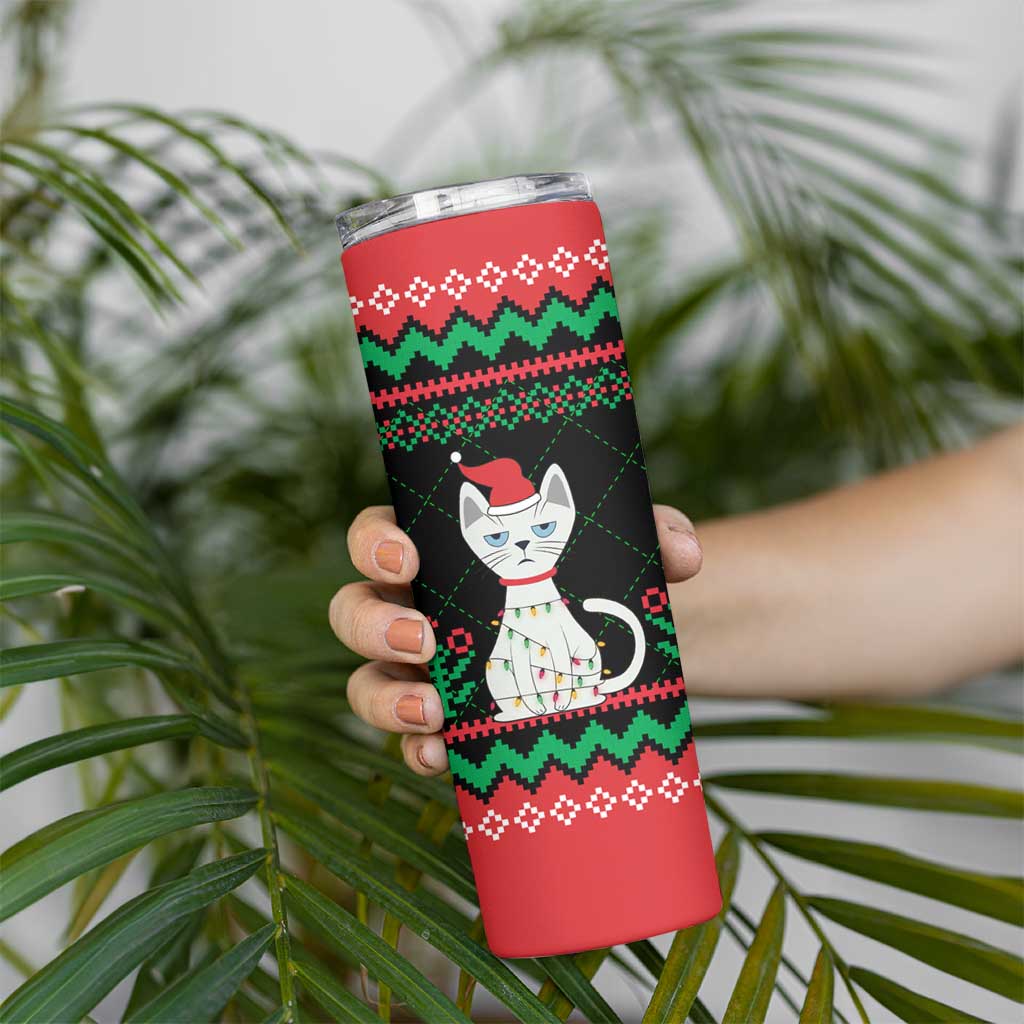 Christmas Cat Skinny Tumbler with Grumpy Cat in Santa Hat Holiday Lights - Wonder Print Shop