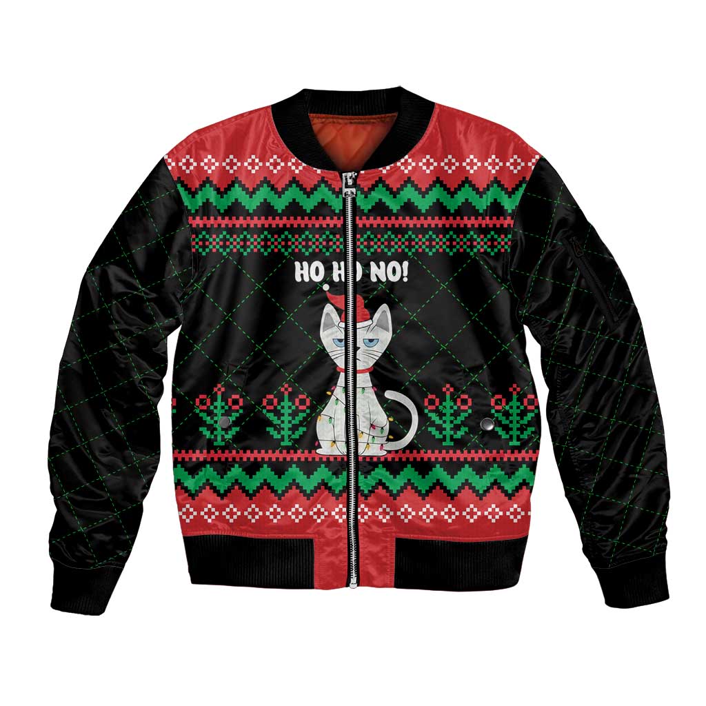 Christmas Cat Sleeve Zip Bomber Jacket with Grumpy Cat in Santa Hat Holiday Lights - Wonder Print Shop