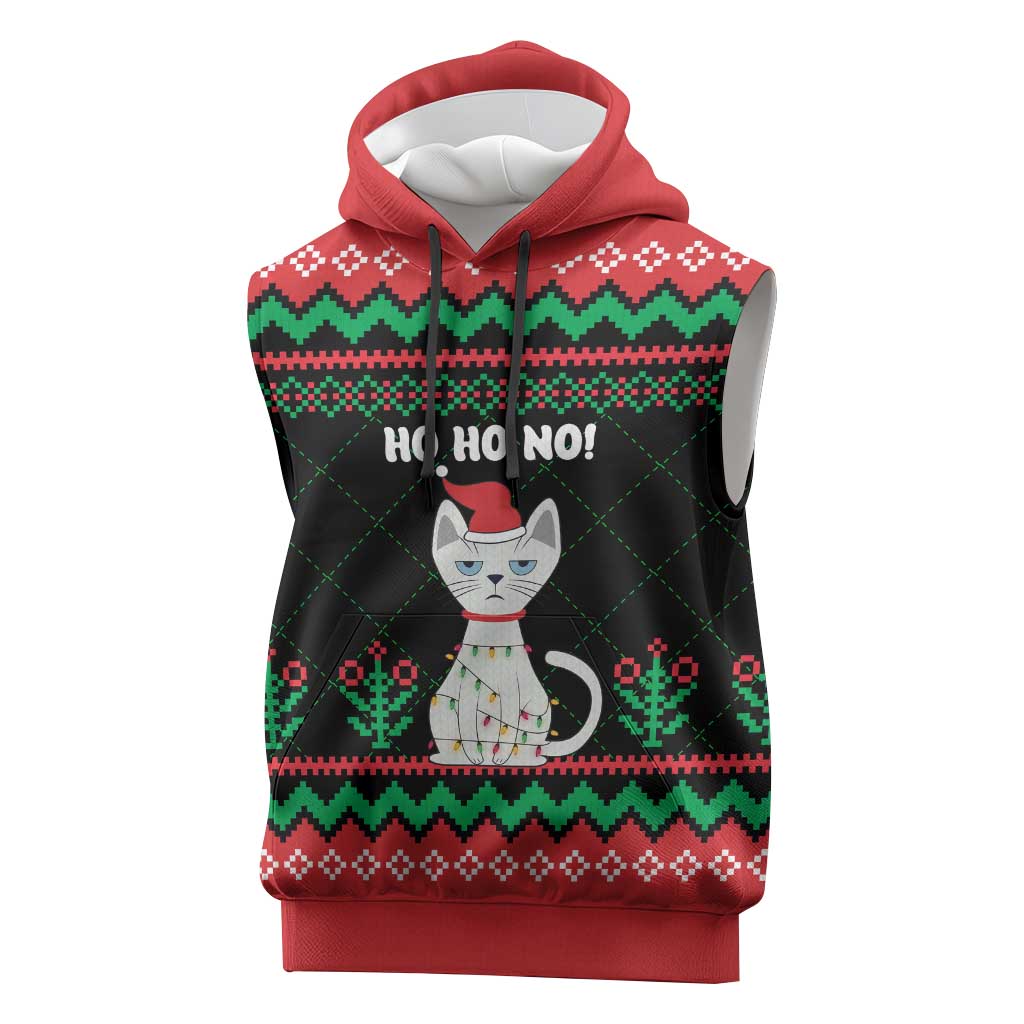 Christmas Cat Sleeveless Hoodie with Grumpy Cat in Santa Hat Holiday Lights - Wonder Print Shop