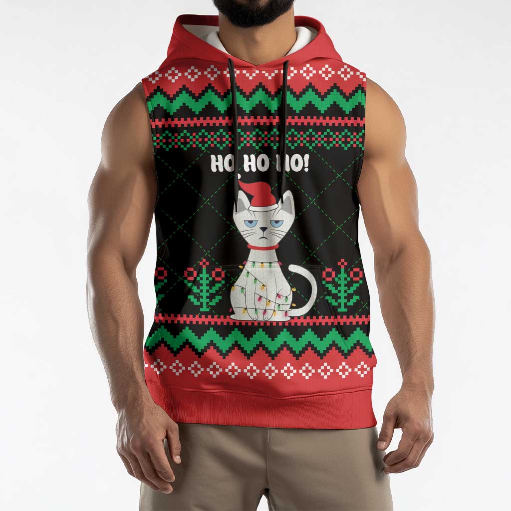 Christmas Cat Sleeveless Hoodie with Grumpy Cat in Santa Hat Holiday Lights - Wonder Print Shop