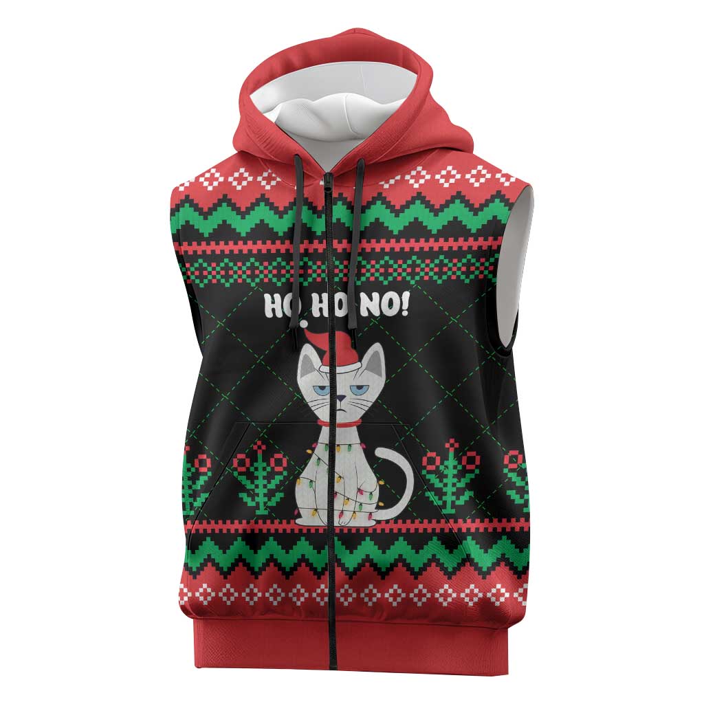 Christmas Cat Sleeveless Zip Hoodie with Grumpy Cat in Santa Hat Holiday Lights - Wonder Print Shop