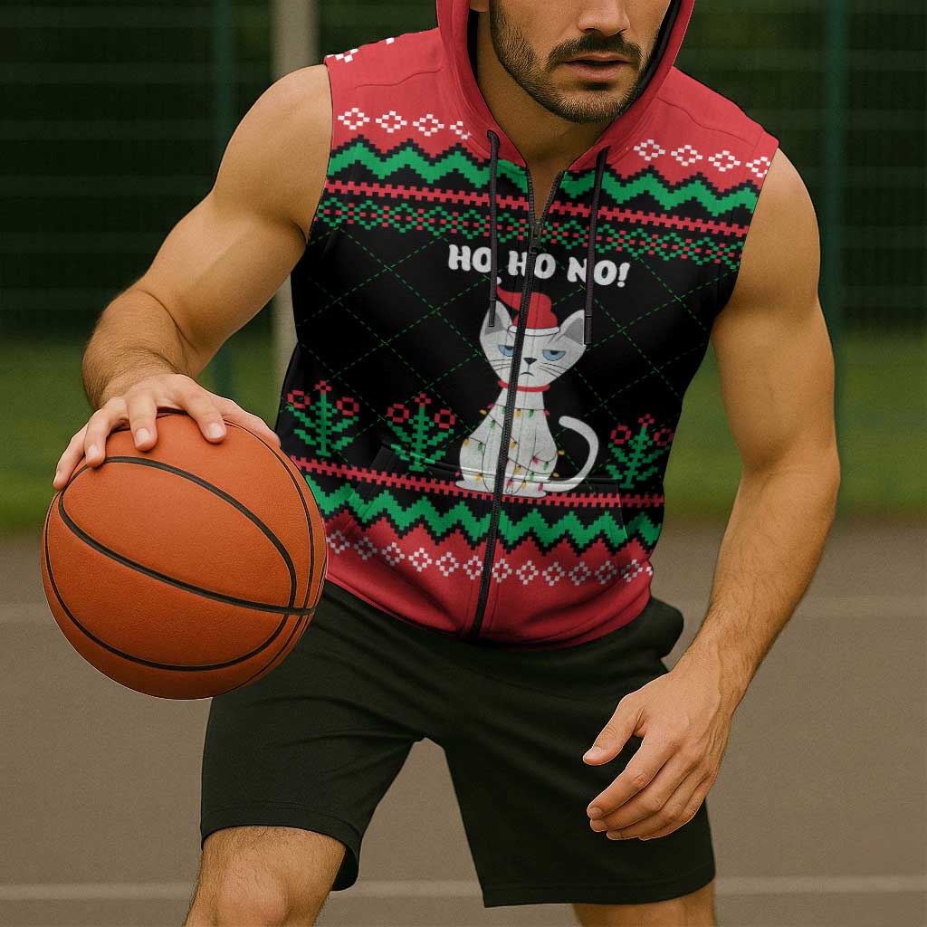 Christmas Cat Sleeveless Zip Hoodie with Grumpy Cat in Santa Hat Holiday Lights - Wonder Print Shop
