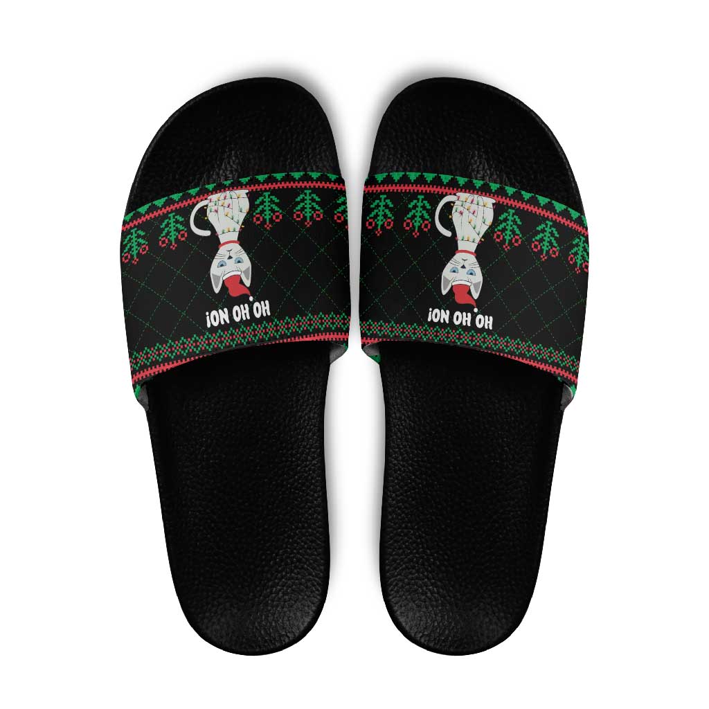 Christmas Cat Slide Sandals with Grumpy Cat in Santa Hat Holiday Lights - Wonder Print Shop