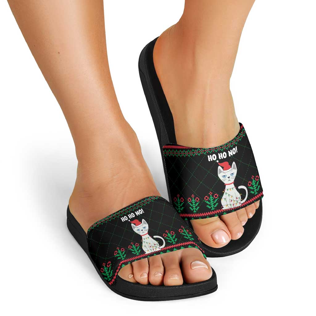 Christmas Cat Slide Sandals with Grumpy Cat in Santa Hat Holiday Lights - Wonder Print Shop