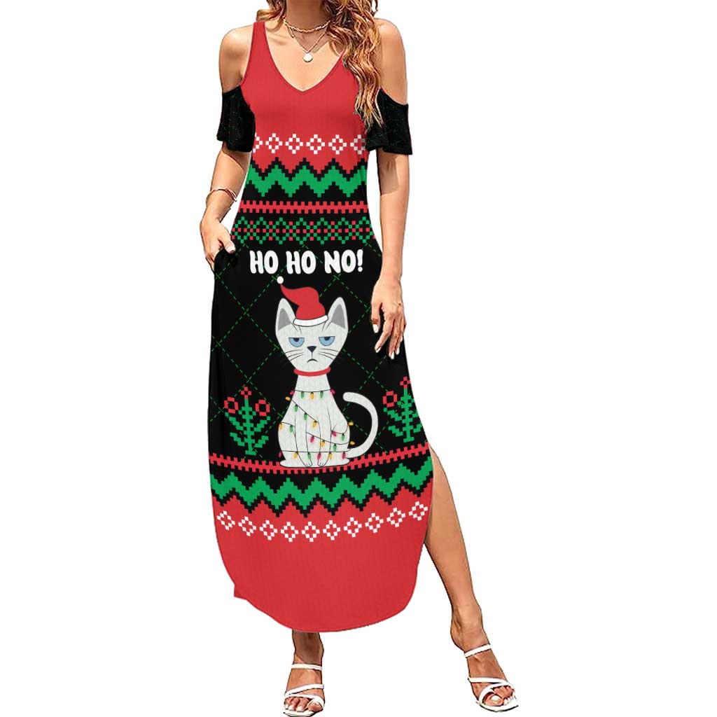 Christmas Cat Summer Maxi Dress with Grumpy Cat in Santa Hat Holiday Lights - Wonder Print Shop