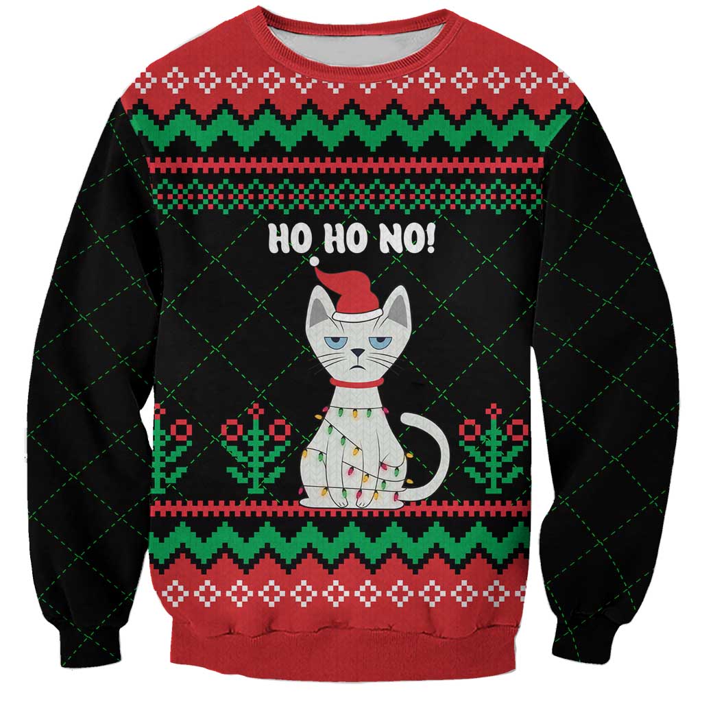 Christmas Cat Sweatshirt with Grumpy Cat in Santa Hat Holiday Lights - Wonder Print Shop