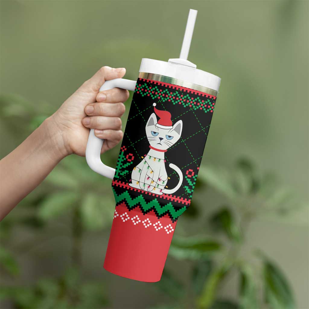 Christmas Cat Tumbler With Handle with Grumpy Cat in Santa Hat Holiday Lights - Wonder Print Shop