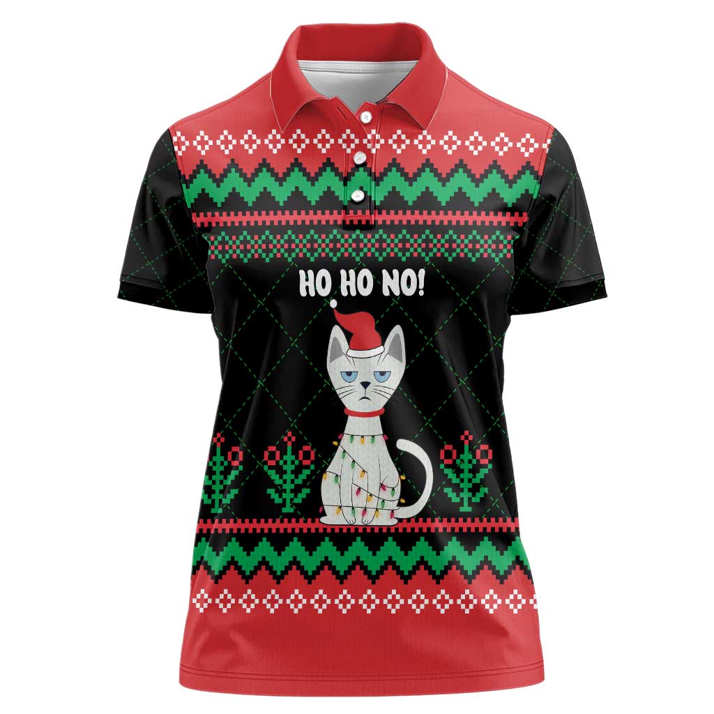 Christmas Cat Women Polo Shirt with Grumpy Cat in Santa Hat Holiday Lights - Wonder Print Shop