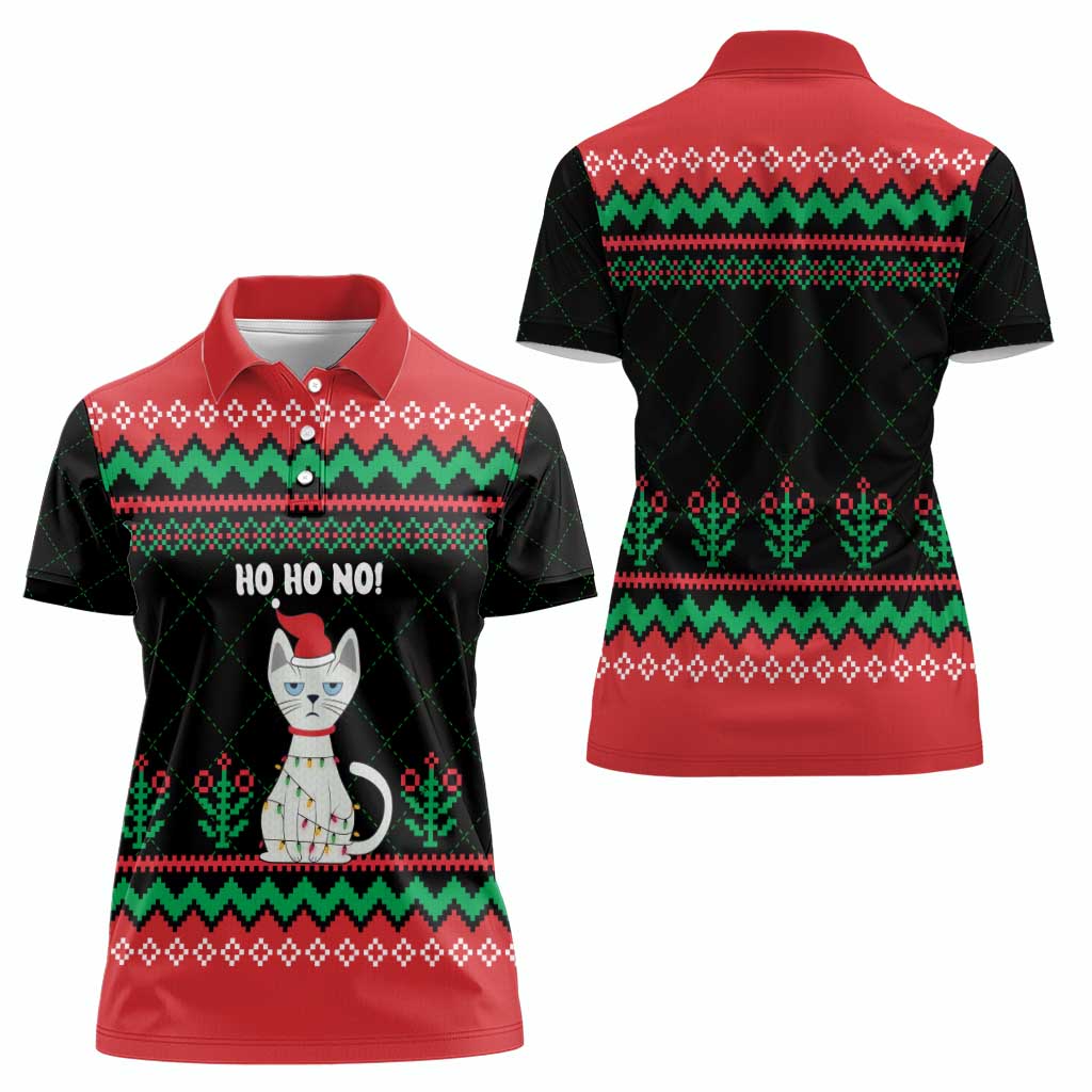 Christmas Cat Women Polo Shirt with Grumpy Cat in Santa Hat Holiday Lights - Wonder Print Shop