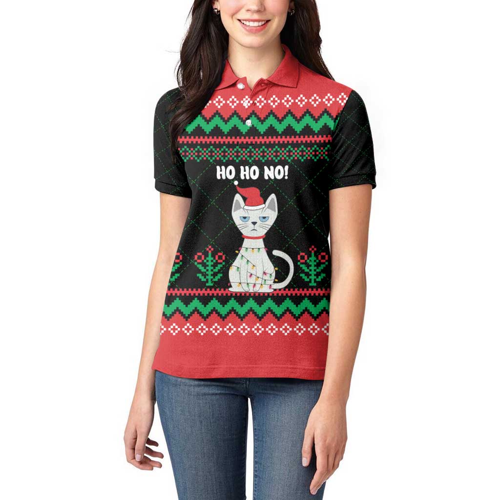 Christmas Cat Women Polo Shirt with Grumpy Cat in Santa Hat Holiday Lights - Wonder Print Shop