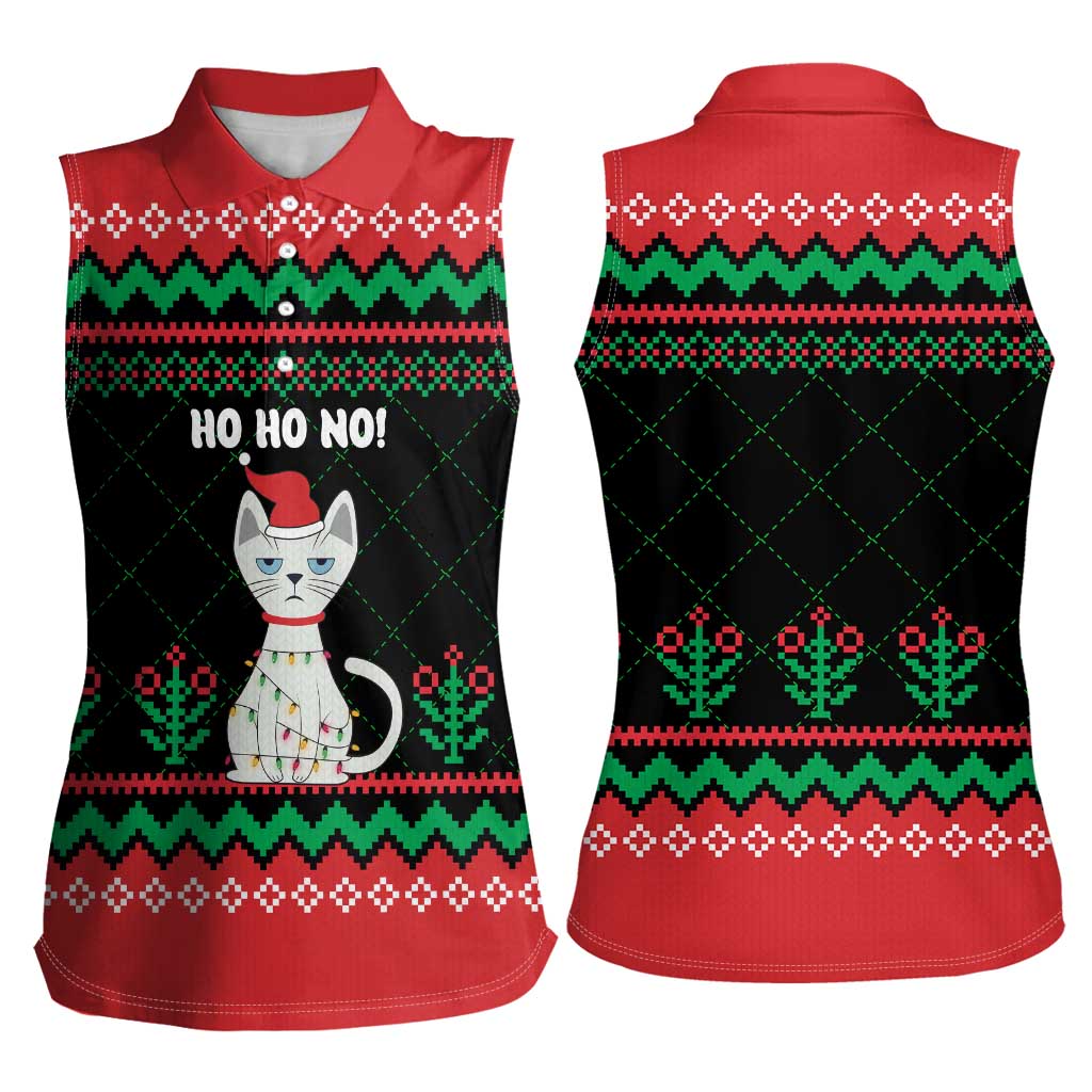 Christmas Cat Women Sleeveless Polo Shirt with Grumpy Cat in Santa Hat Holiday Lights - Wonder Print Shop