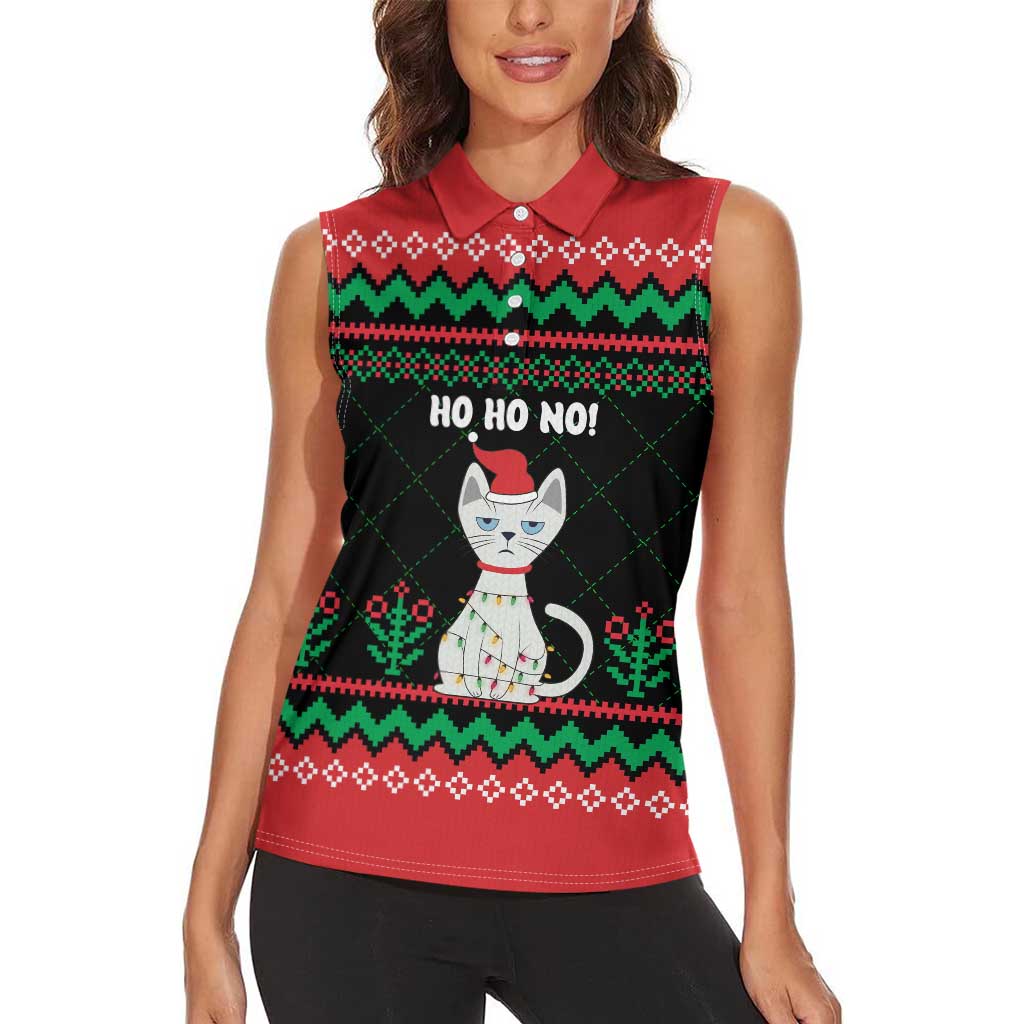 Christmas Cat Women Sleeveless Polo Shirt with Grumpy Cat in Santa Hat Holiday Lights - Wonder Print Shop
