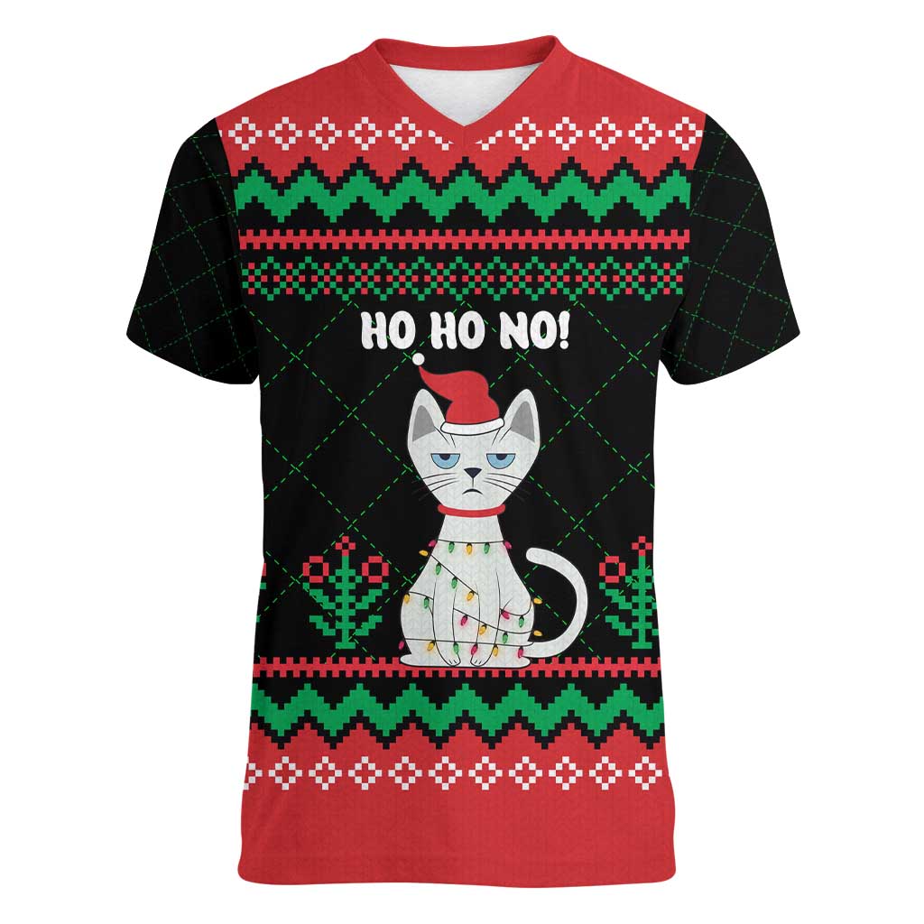 Christmas Cat Women V-Neck T-Shirt with Grumpy Cat in Santa Hat Holiday Lights - Wonder Print Shop