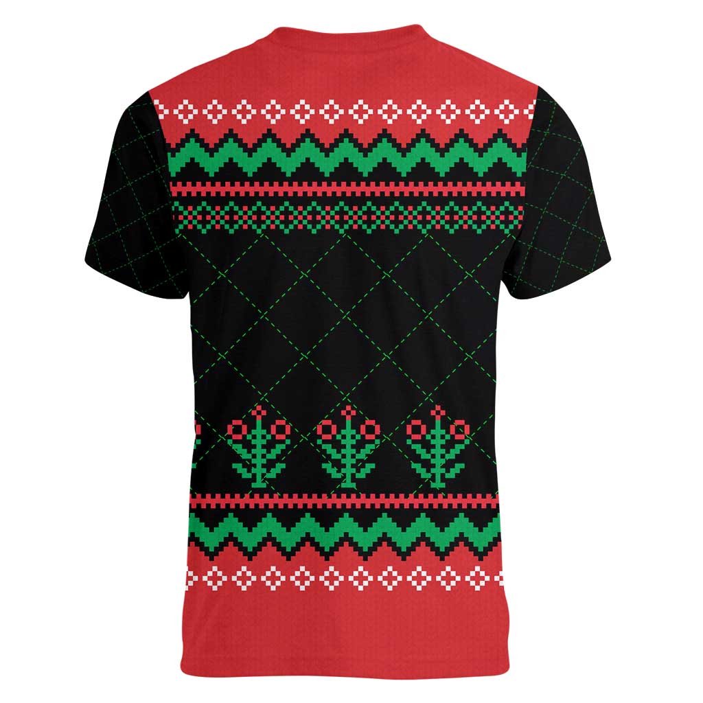 Christmas Cat Women V-Neck T-Shirt with Grumpy Cat in Santa Hat Holiday Lights - Wonder Print Shop