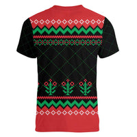 Christmas Cat Women V-Neck T-Shirt with Grumpy Cat in Santa Hat Holiday Lights - Wonder Print Shop