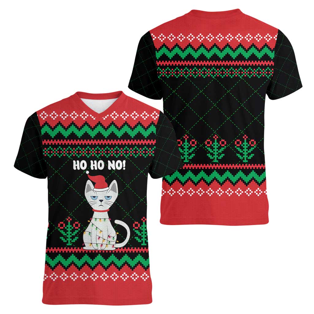 Christmas Cat Women V-Neck T-Shirt with Grumpy Cat in Santa Hat Holiday Lights - Wonder Print Shop
