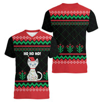 Christmas Cat Women V-Neck T-Shirt with Grumpy Cat in Santa Hat Holiday Lights - Wonder Print Shop