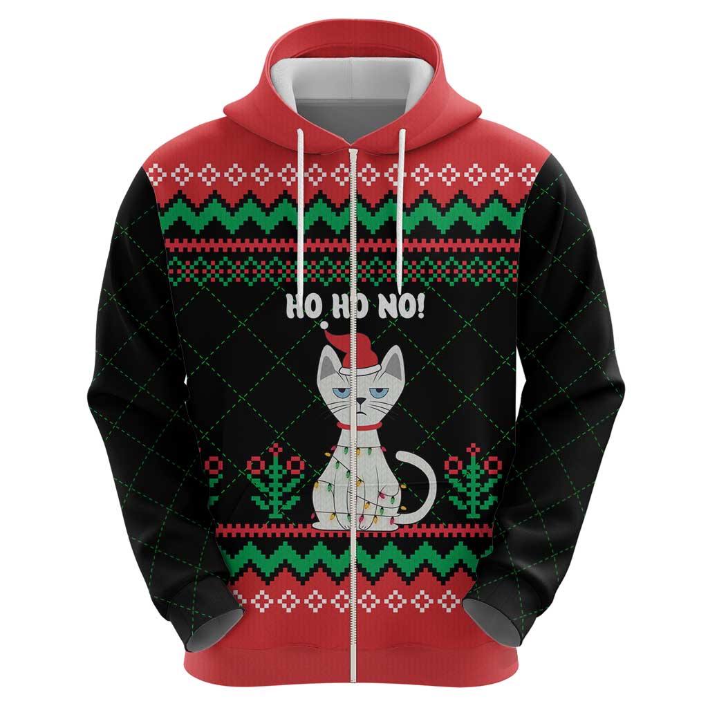 Christmas Cat Zip Hoodie with Grumpy Cat in Santa Hat Holiday Lights - Wonder Print Shop