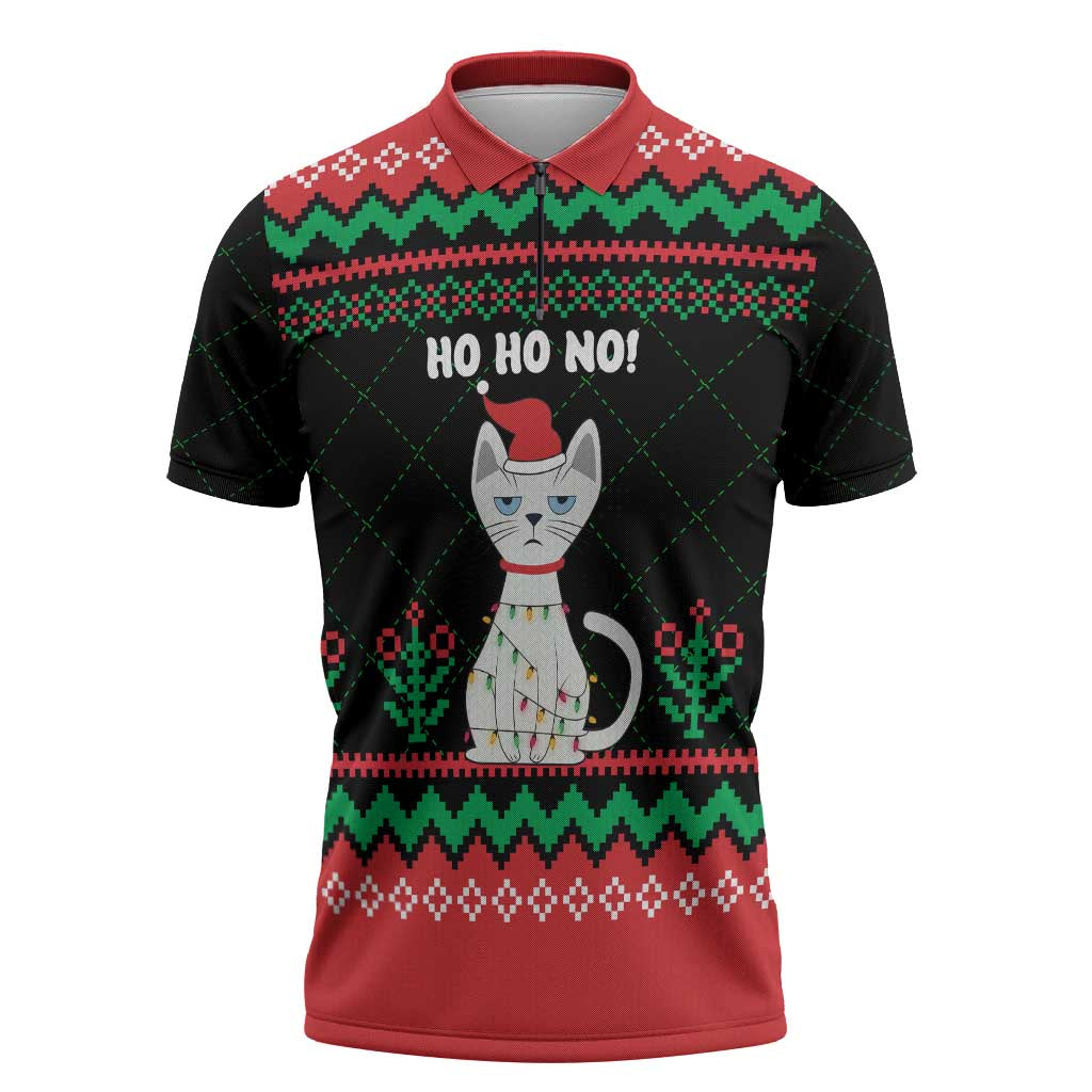 Christmas Cat Zipper Polo Shirt with Grumpy Cat in Santa Hat Holiday Lights - Wonder Print Shop