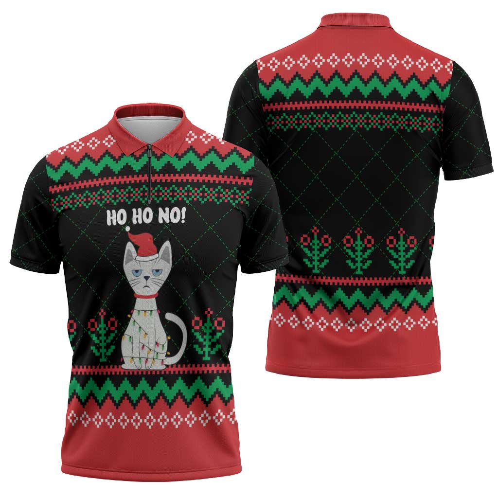 Christmas Cat Zipper Polo Shirt with Grumpy Cat in Santa Hat Holiday Lights - Wonder Print Shop