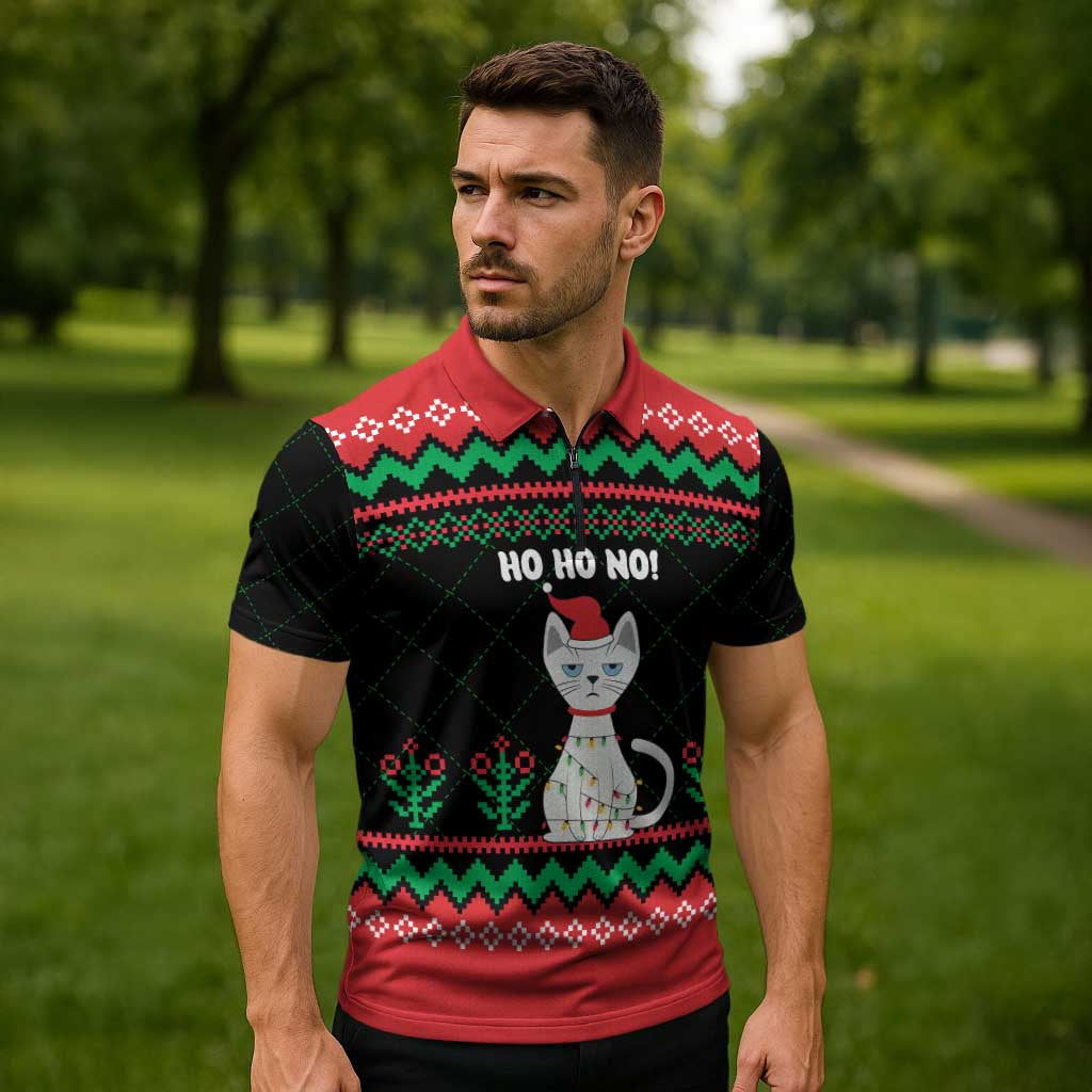 Christmas Cat Zipper Polo Shirt with Grumpy Cat in Santa Hat Holiday Lights - Wonder Print Shop